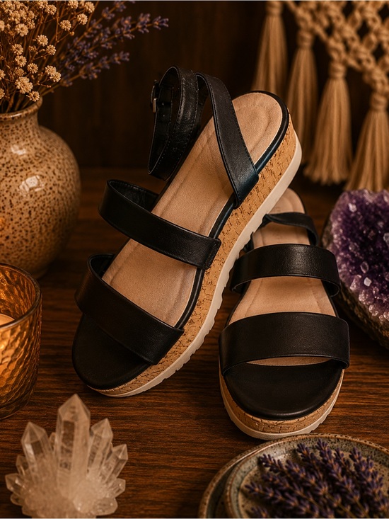 Madden Girl Shoes - Madden Girl Black Salina Cork Look Wedge FlatForm‎ Sporty Sandal Sz 9